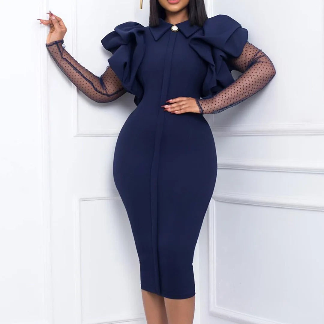 D3165 European American Autumn Winter New Mesh Pleated Ol Temperament Large Size Women's Dress
