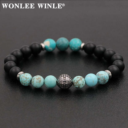 8mm Natural Stone Beaded Stretch Bracelets for Men&Women Stainless Steel Round Ball Charms Strand Bangles