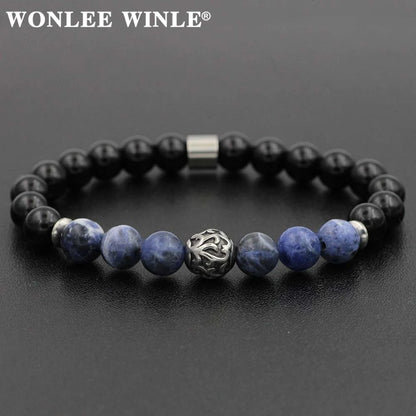 8mm Natural Stone Beaded Stretch Bracelets for Men&Women Stainless Steel Round Ball Charms Strand Bangles
