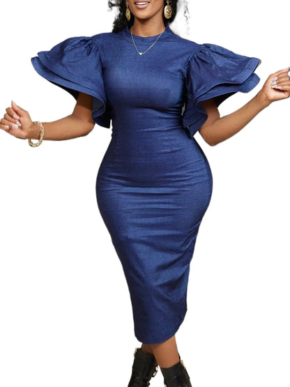 D3247  Plus Size Women's Autumn Winter New Fashion Solid Color Ol Horn Sleeve Denim Bag African Dress