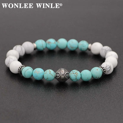 8mm Natural Stone Beaded Stretch Bracelets for Men&Women Stainless Steel Round Ball Charms Strand Bangles
