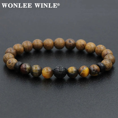 8mm Natural Stone Beaded Stretch Bracelets for Men&Women Stainless Steel Round Ball Charms Strand Bangles