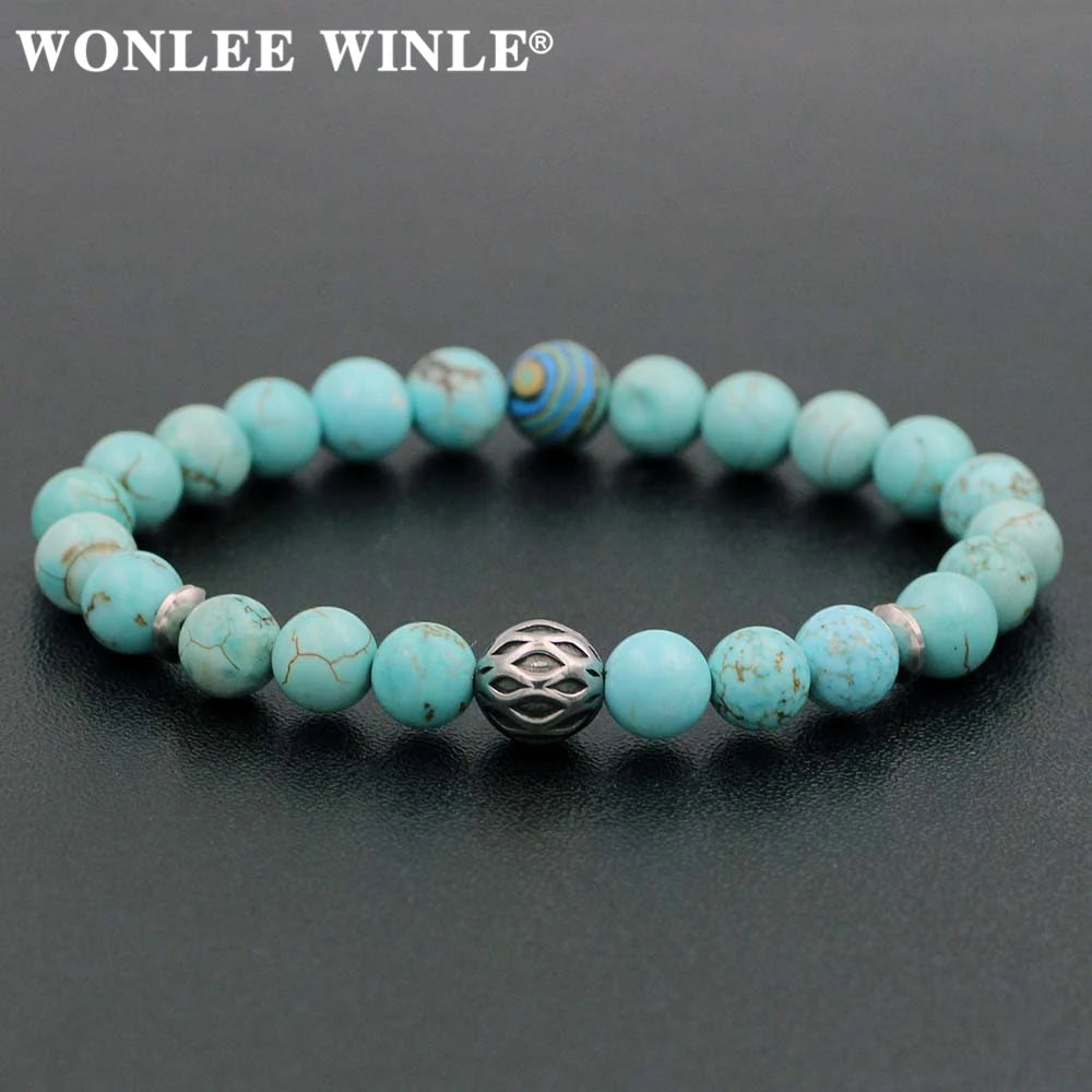8mm Natural Stone Beaded Stretch Bracelets for Men&Women Stainless Steel Round Ball Charms Strand Bangles