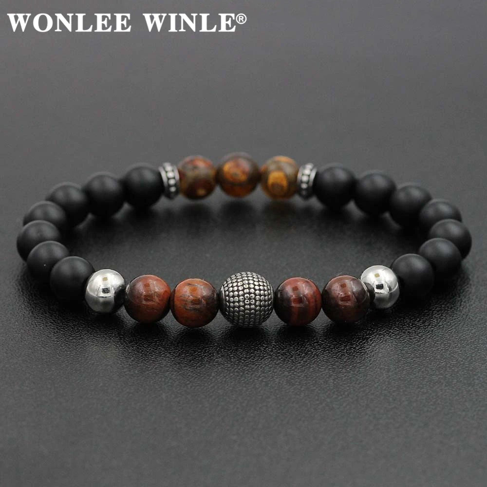 8mm Natural Stone Beaded Stretch Bracelets for Men&Women Stainless Steel Round Ball Charms Strand Bangles