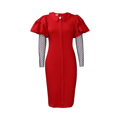 D3165 European American Autumn Winter New Mesh Pleated Ol Temperament Large Size Women's Dress