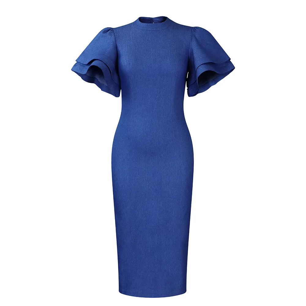 D3247  Plus Size Women's Autumn Winter New Fashion Solid Color Ol Horn Sleeve Denim Bag African Dress