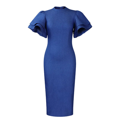 D3247  Plus Size Women's Autumn Winter New Fashion Solid Color Ol Horn Sleeve Denim Bag African Dress