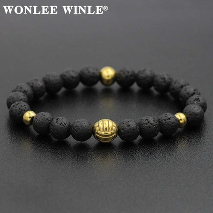8mm Natural Stone Beaded Stretch Bracelets for Men&Women Stainless Steel Round Ball Charms Strand Bangles