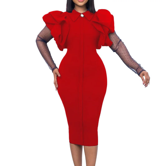 D3165 European American Autumn Winter New Mesh Pleated Ol Temperament Large Size Women's Dress