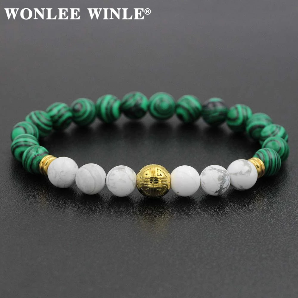 8mm Natural Stone Beaded Stretch Bracelets for Men&Women Stainless Steel Round Ball Charms Strand Bangles