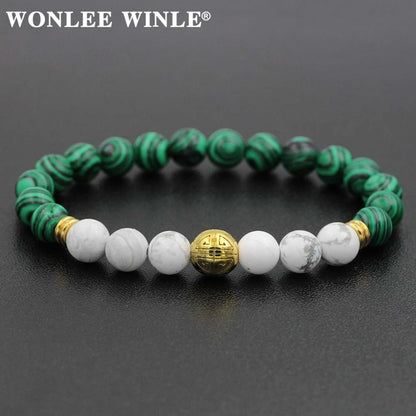8mm Natural Stone Beaded Stretch Bracelets for Men&Women Stainless Steel Round Ball Charms Strand Bangles