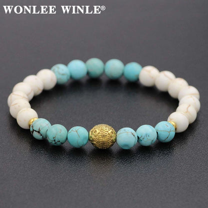 8mm Natural Stone Beaded Stretch Bracelets for Men&Women Stainless Steel Round Ball Charms Strand Bangles