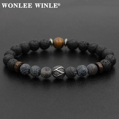 8mm Natural Stone Beaded Stretch Bracelets for Men&Women Stainless Steel Round Ball Charms Strand Bangles