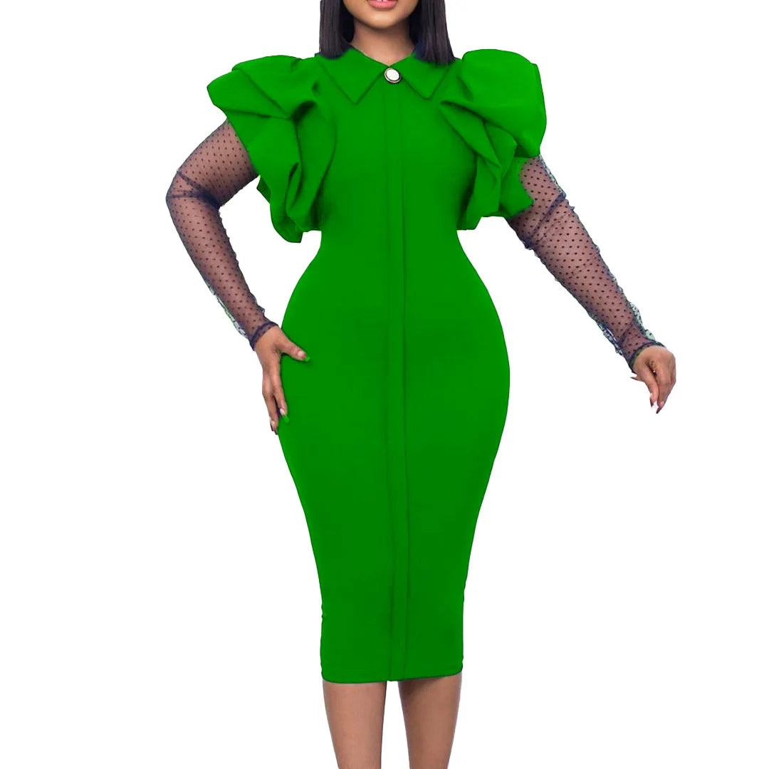 D3165 European American Autumn Winter New Mesh Pleated Ol Temperament Large Size Women's Dress