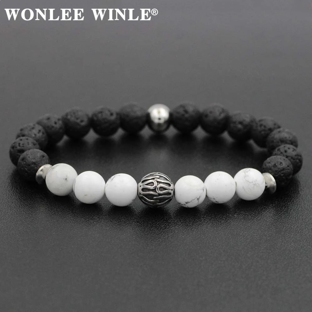 8mm Natural Stone Beaded Stretch Bracelets for Men&Women Stainless Steel Round Ball Charms Strand Bangles