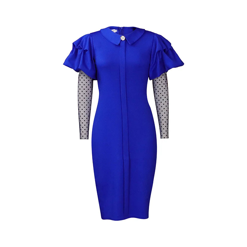 D3165 European American Autumn Winter New Mesh Pleated Ol Temperament Large Size Women's Dress