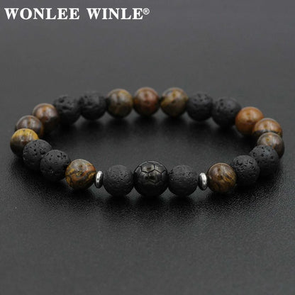 8mm Natural Stone Beaded Stretch Bracelets for Men&Women Stainless Steel Round Ball Charms Strand Bangles