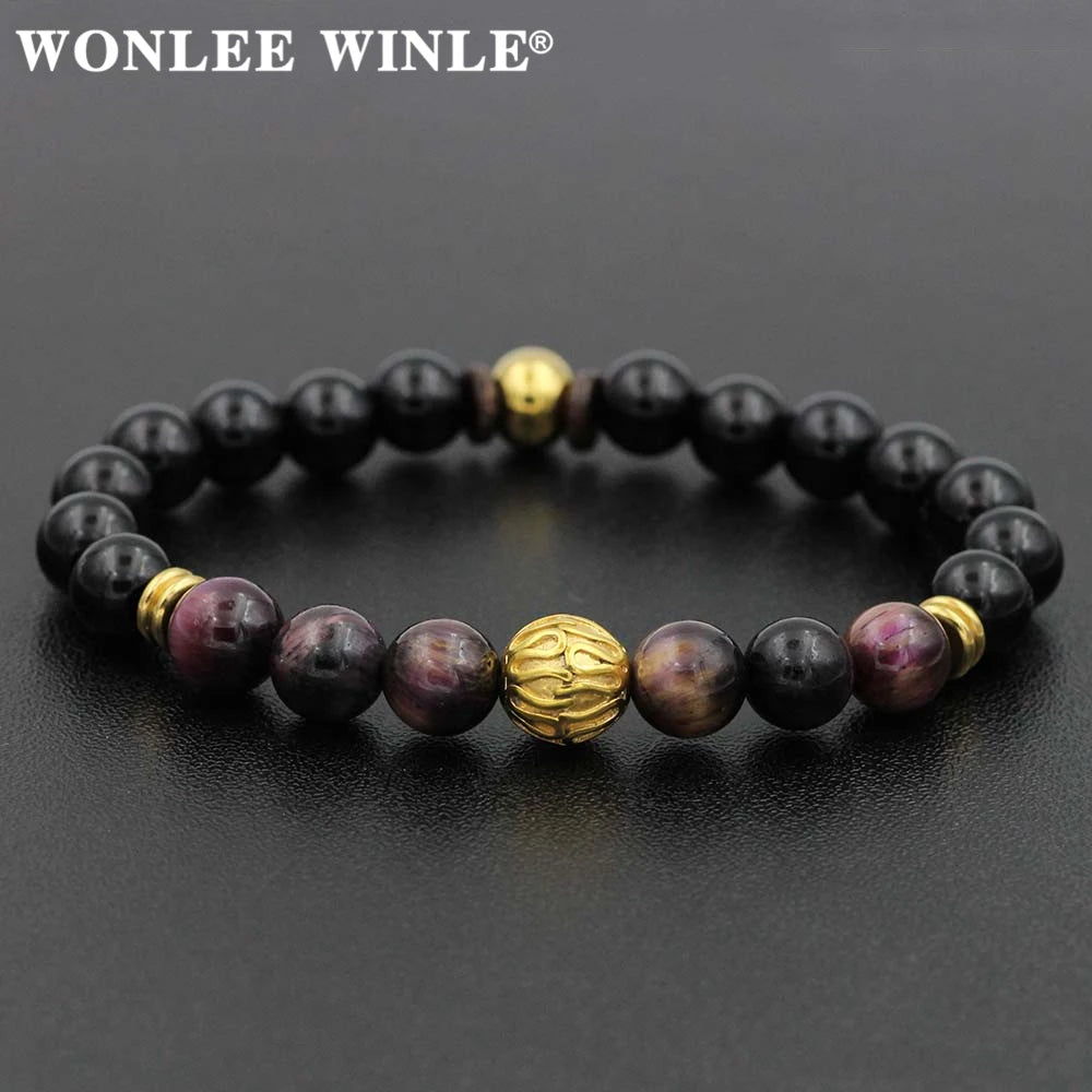 8mm Natural Stone Beaded Stretch Bracelets for Men&Women Stainless Steel Round Ball Charms Strand Bangles