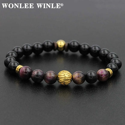 8mm Natural Stone Beaded Stretch Bracelets for Men&Women Stainless Steel Round Ball Charms Strand Bangles