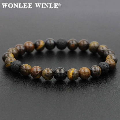 8mm Natural Stone Beaded Stretch Bracelets for Men&Women Stainless Steel Round Ball Charms Strand Bangles