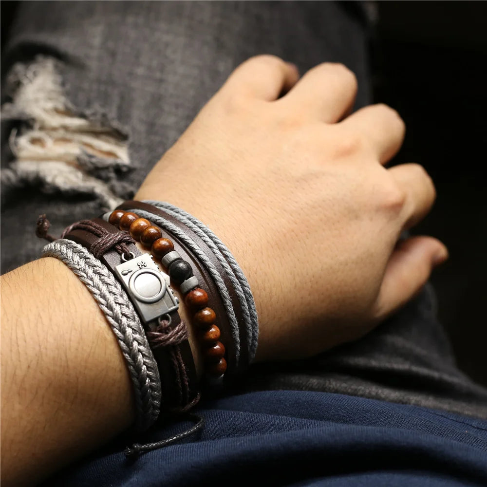 New Fashion Vintage Beads Leather Men Bracelets For Women Femme Homme Male Jewelry
