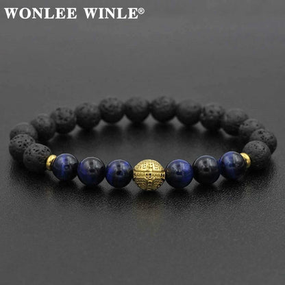 8mm Natural Stone Beaded Stretch Bracelets for Men&Women Stainless Steel Round Ball Charms Strand Bangles
