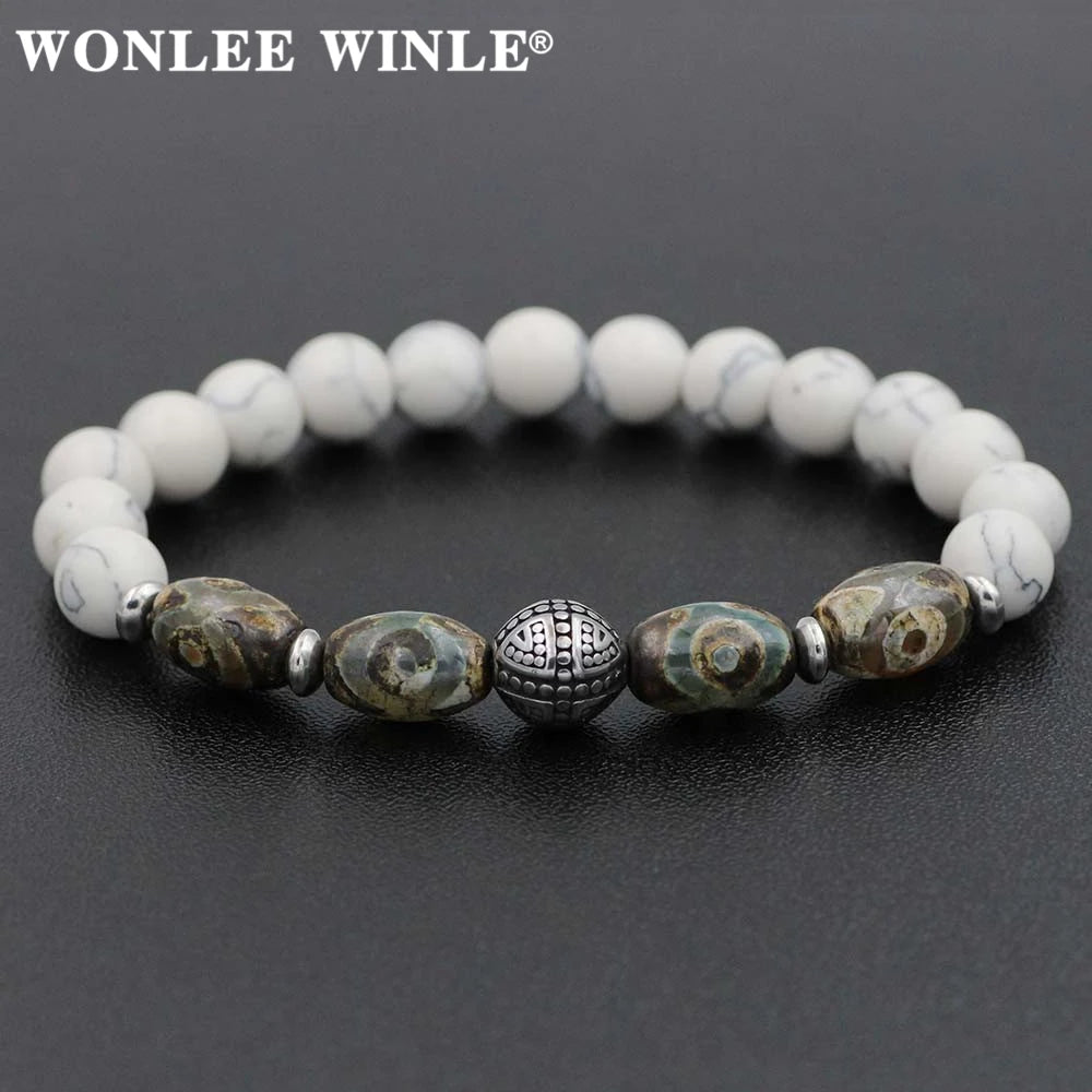 8mm Natural Stone Beaded Stretch Bracelets for Men&Women Stainless Steel Round Ball Charms Strand Bangles