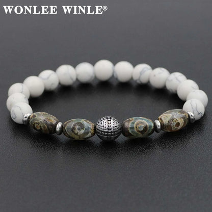 8mm Natural Stone Beaded Stretch Bracelets for Men&Women Stainless Steel Round Ball Charms Strand Bangles