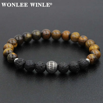 8mm Natural Stone Beaded Stretch Bracelets for Men&Women Stainless Steel Round Ball Charms Strand Bangles