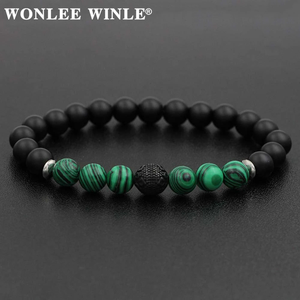 8mm Natural Stone Beaded Stretch Bracelets for Men&Women Stainless Steel Round Ball Charms Strand Bangles