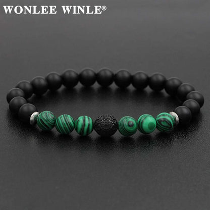 8mm Natural Stone Beaded Stretch Bracelets for Men&Women Stainless Steel Round Ball Charms Strand Bangles