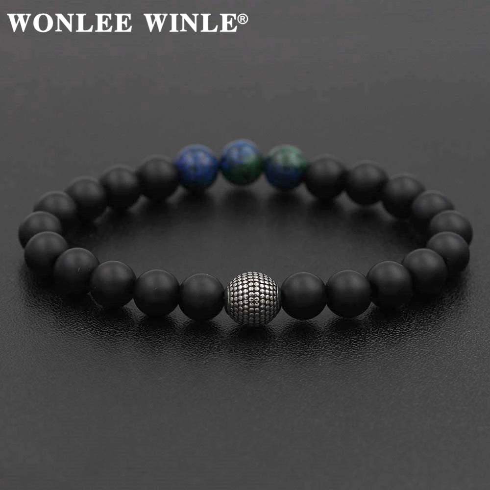 8mm Natural Stone Beaded Stretch Bracelets for Men&Women Stainless Steel Round Ball Charms Strand Bangles