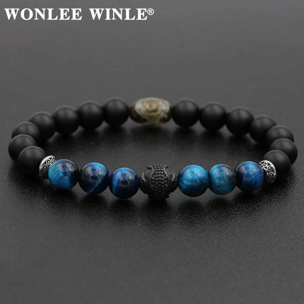 8mm Natural Stone Beaded Stretch Bracelets for Men&Women Stainless Steel Round Ball Charms Strand Bangles