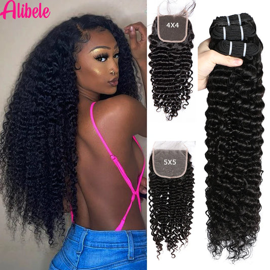 Alibele 5x5 Lace Closure With Bundles Peruvian Deep Curly Hair Bundles With 4x4 Lace Closure Remy Human Hair Bundles WithClosure