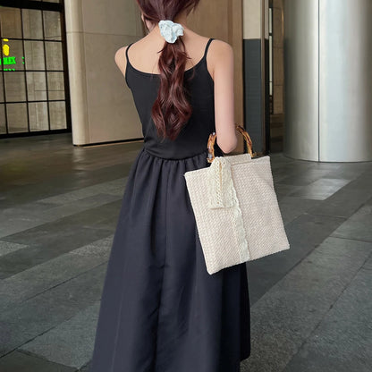 Large Woven Straw Tote with Bamboo Handle