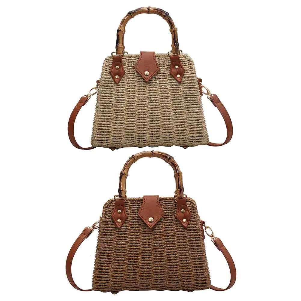 Hand-Woven Bamboo Handle Beach Bag