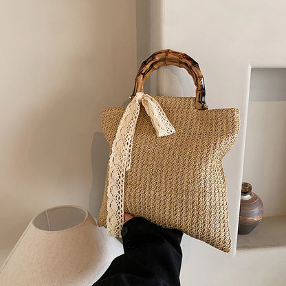 Large Woven Straw Tote with Bamboo Handle
