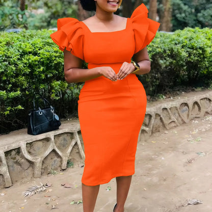 Fashionable Pure Color African Dress Q121 with Elegant Fleece Sleeve Bodycon Skirt Single Piece Women's Clothing