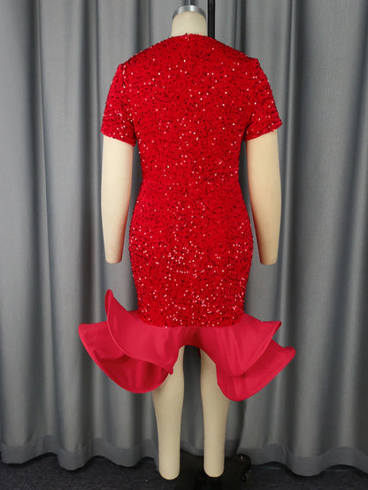 Sequined Velvet Elegant Church Dresses for Women Event Short Sleeve Cut Out V Neck Mermaid Ruffle Wedding Guest Evening Birthday