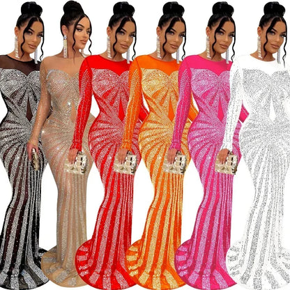 XIZOU Women Mesh Patchwork Diamonds Hot Rhinestones Floor Length Bodycon Mermaid Maxi Dress Sexy Party Evening Vestidos 2024