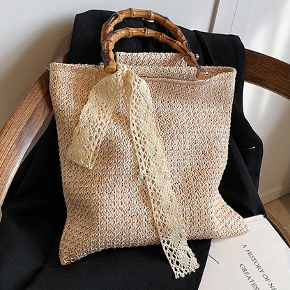 Large Woven Straw Tote with Bamboo Handle