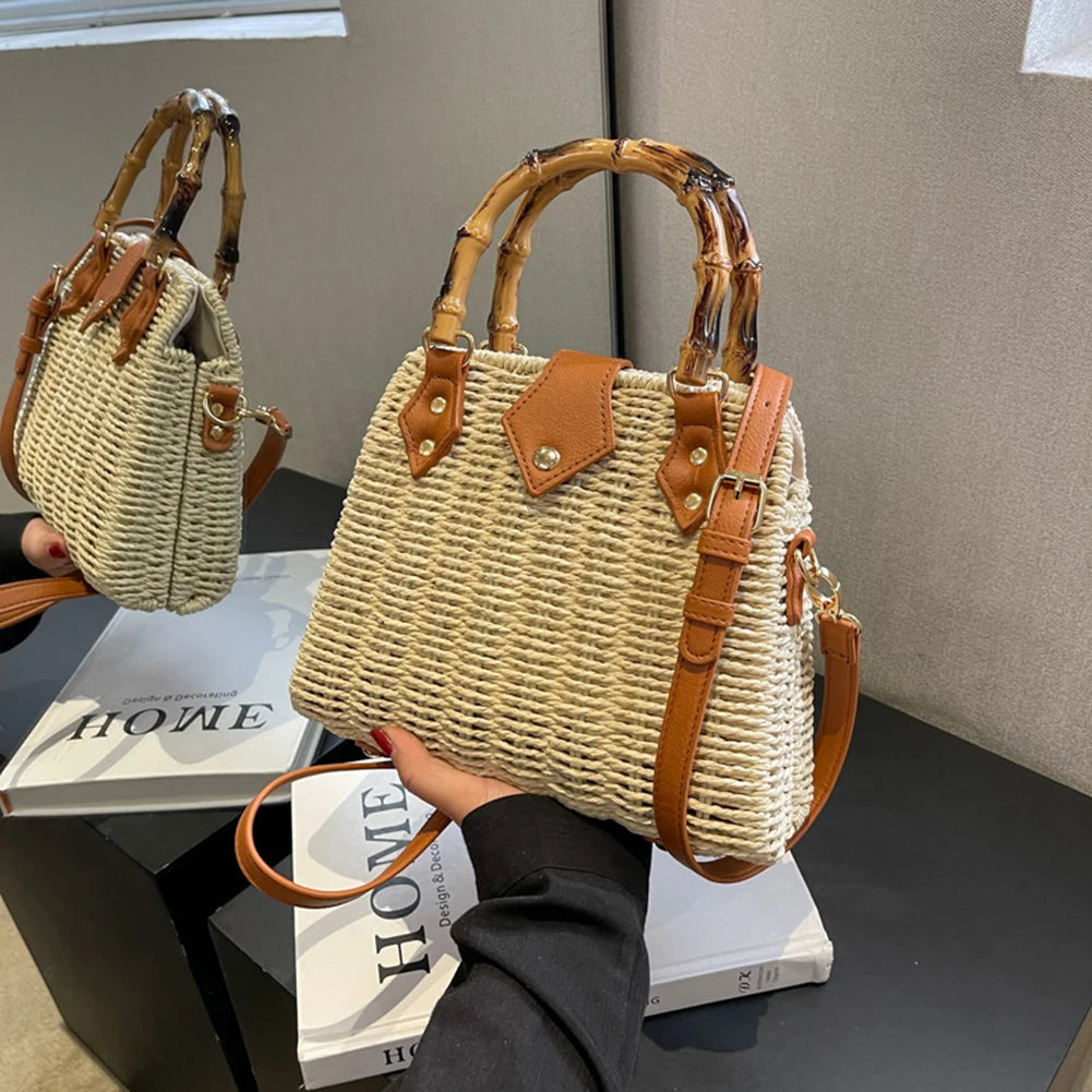 Hand-Woven Bamboo Handle Beach Bag