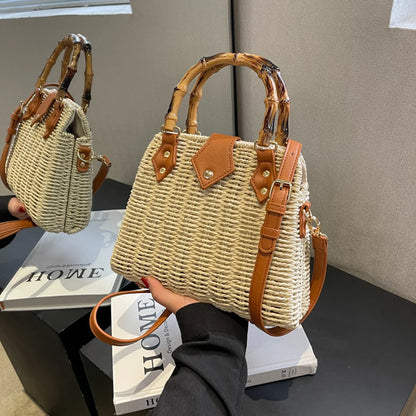 Hand-Woven Bamboo Handle Beach Bag