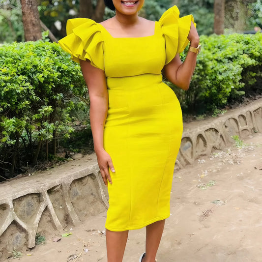 Fashionable Pure Color African Dress Q121 with Elegant Fleece Sleeve Bodycon Skirt Single Piece Women's Clothing