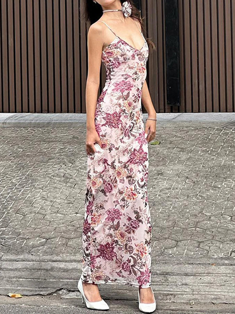 Floral Print Backless Maxi Dress