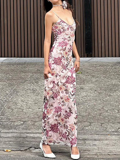 Floral Print Backless Maxi Dress
