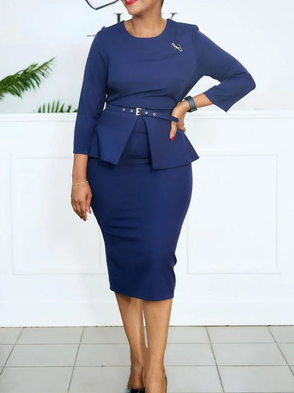 Elegant Church Dresses for Women Peplum Hidden Belly Long Sleeves Midi Classy Modest Female African Gowns Office Ladies New Fall