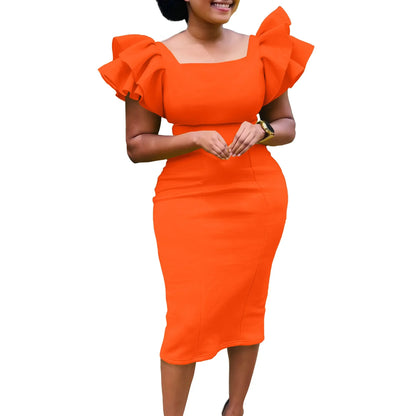 Fashionable Pure Color African Dress Q121 with Elegant Fleece Sleeve Bodycon Skirt Single Piece Women's Clothing
