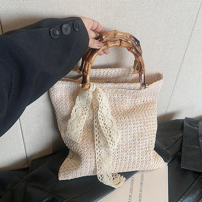 Large Woven Straw Tote with Bamboo Handle
