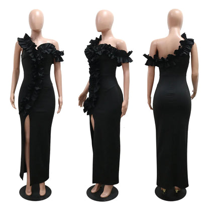 One Shoulder Womens Dresses Pleated Skirt Slit Bodycon Long Summer Dresses 2025 Woman Clothing Club Prom Party Evening Dress Y32